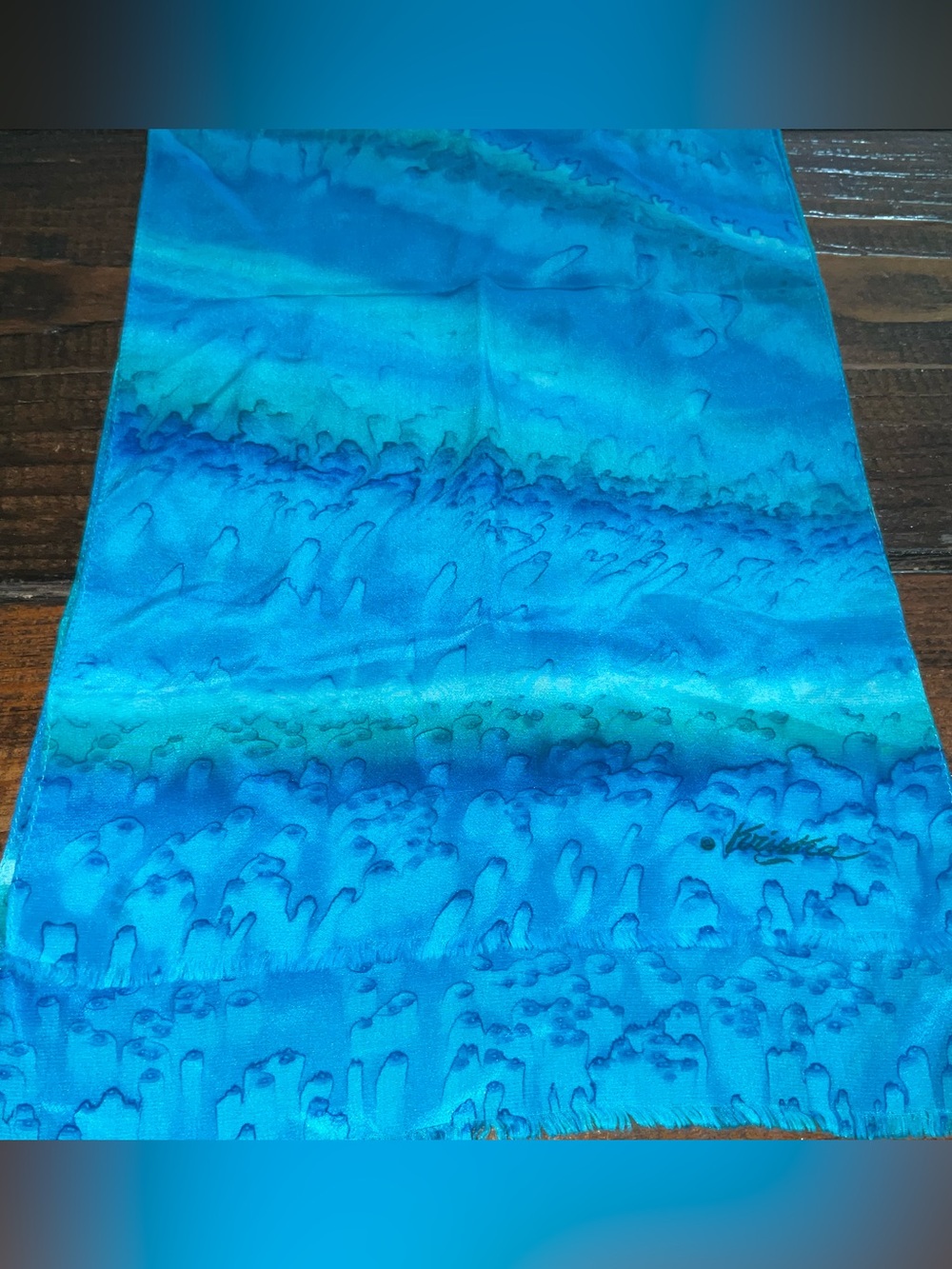 Hand Painted Scarf Signed Kriska Blue Teal Multicolor 49 1/2” x 10”